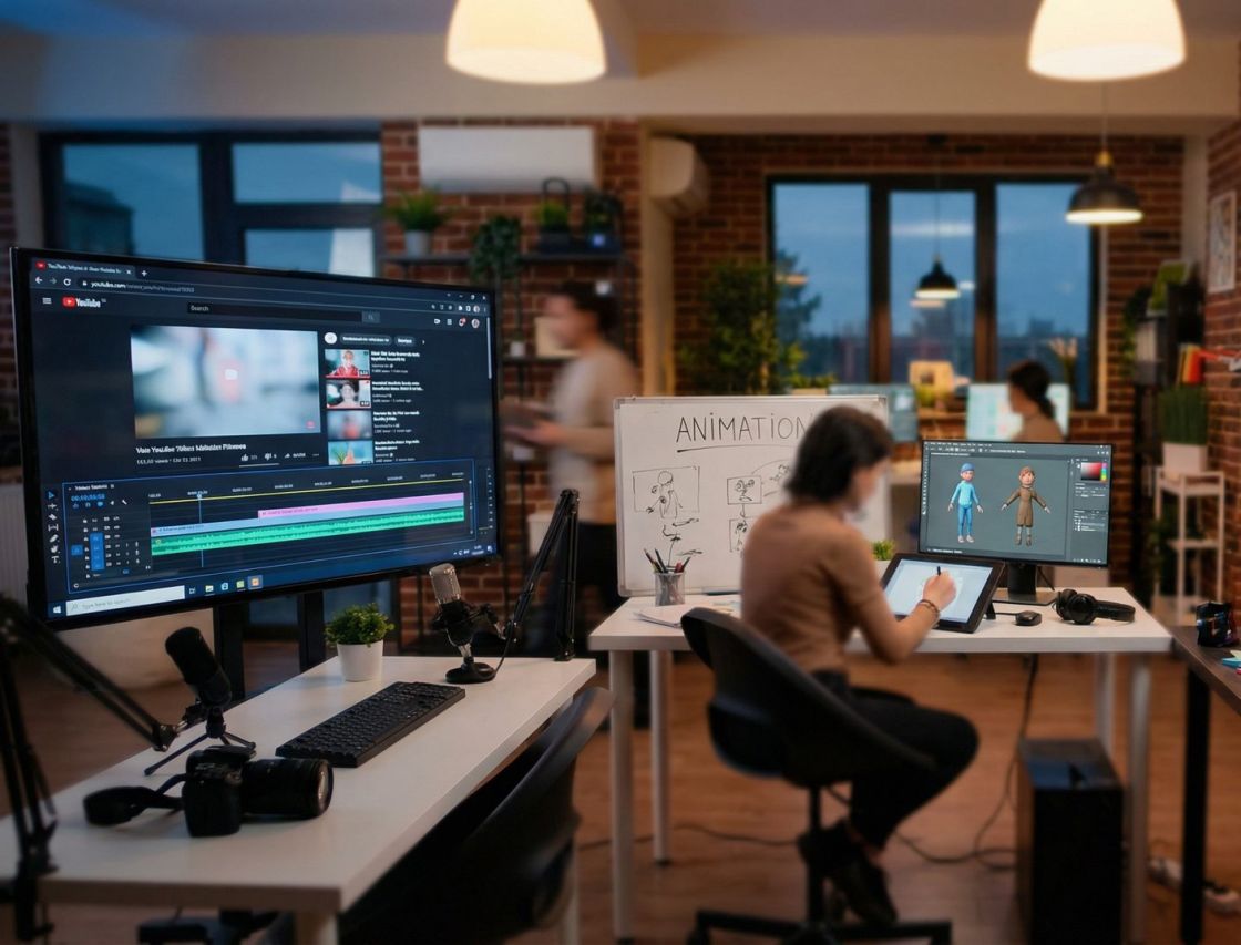 An animator working on a 3D character at a studio workstation